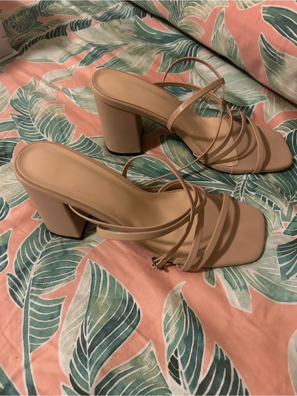 Azazie Nude Strappy Block-Heel Sandals